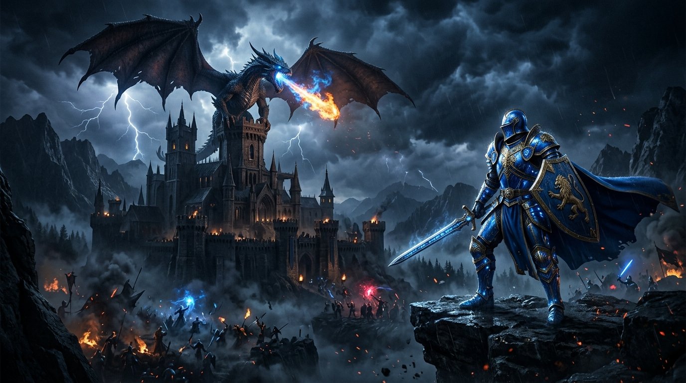 Guerreiro em armadura azul com dragão sobre o castelo em tempestade de raios no OmegaMu