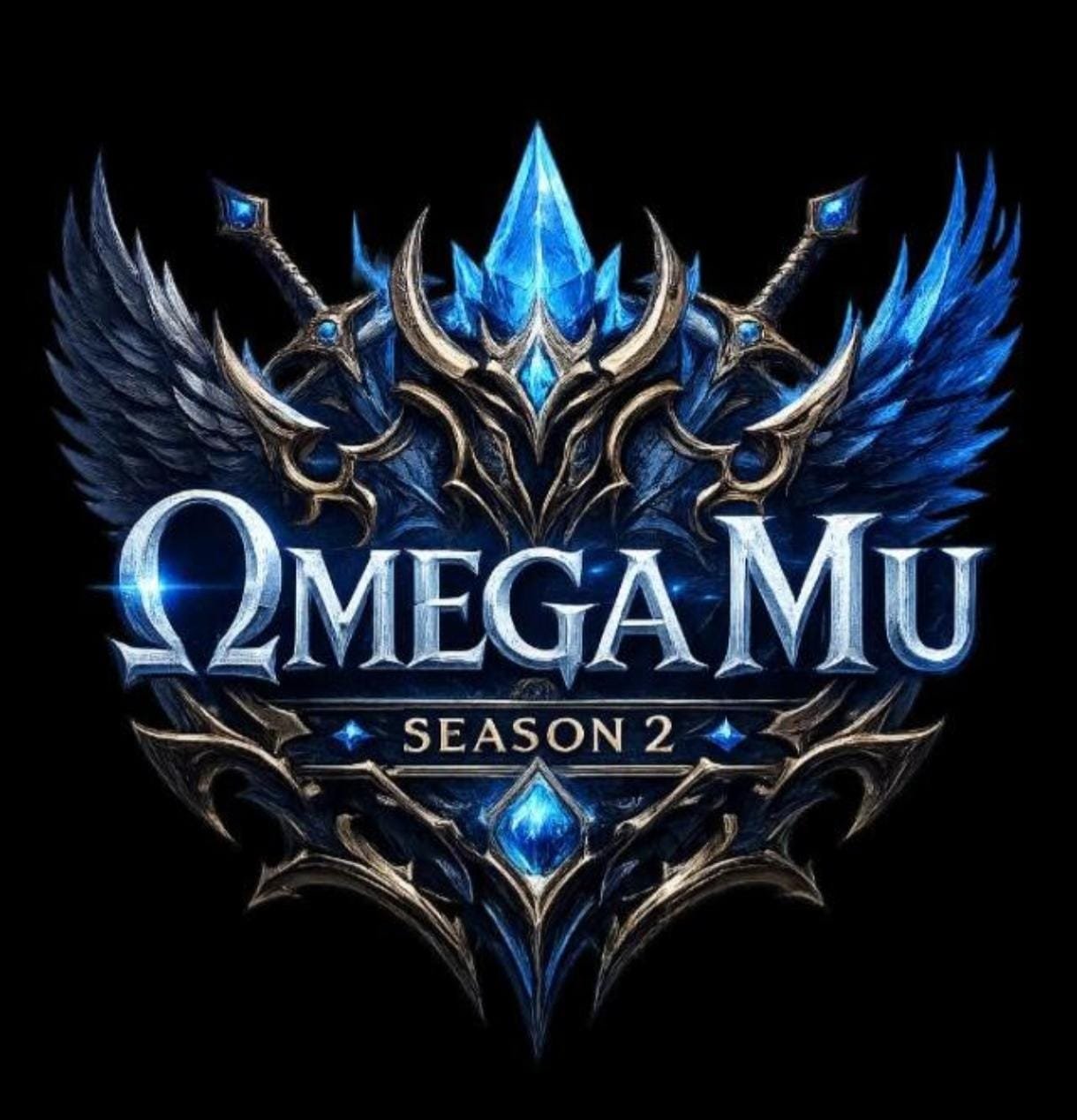 Brasão Oficial OmegaMu Season 2 com asas azuis de cristal e lâminas douradas